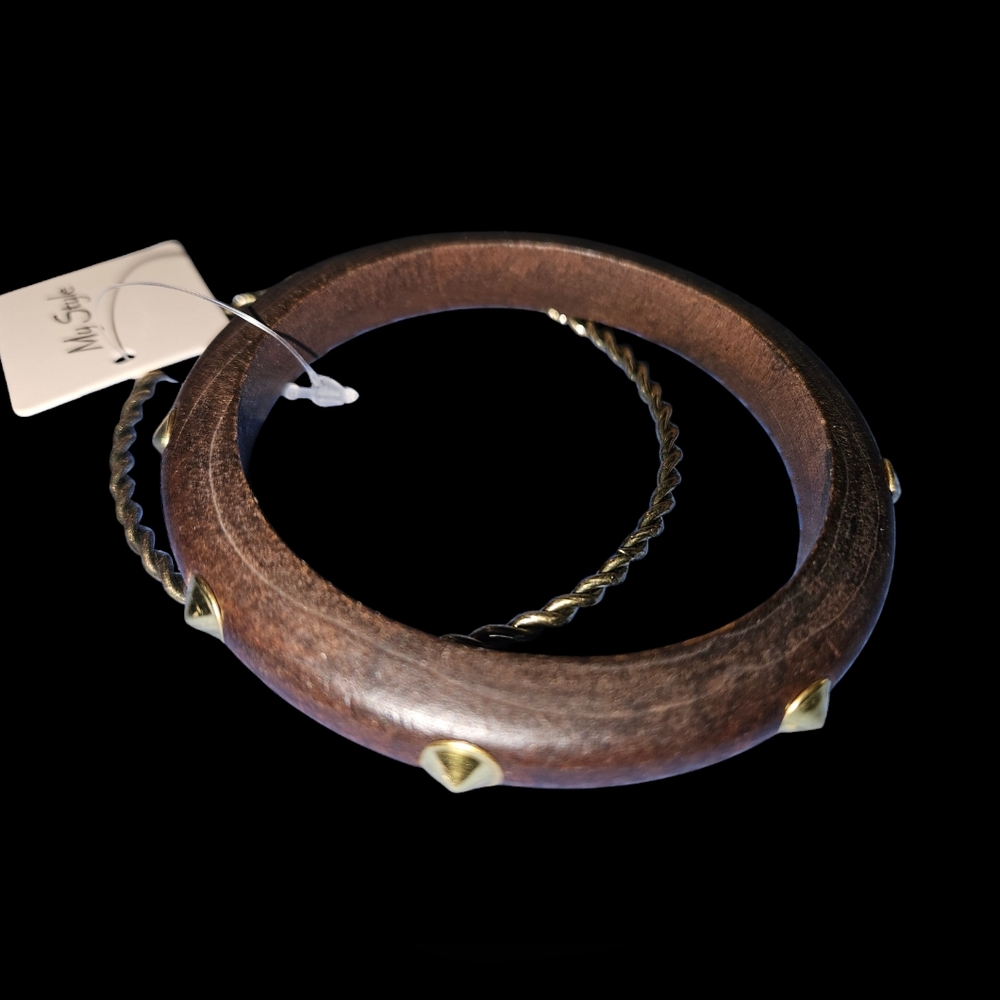 Boho Wooden and Gold-Tone Bangle Set